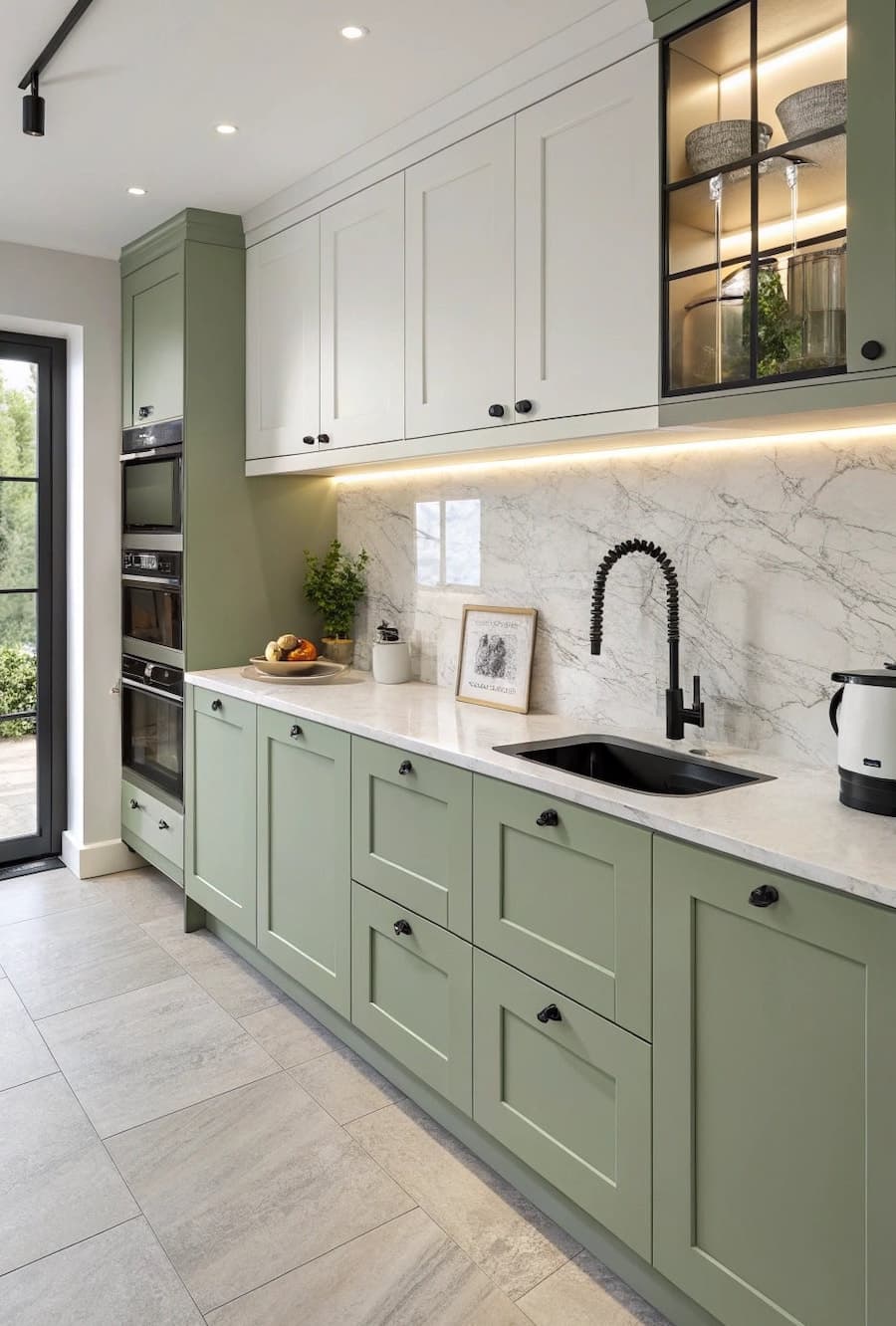 Cocina alargada con muebles verde pastel, cubierta blanca y tiras de luces LED bajo los muebles superiores. 