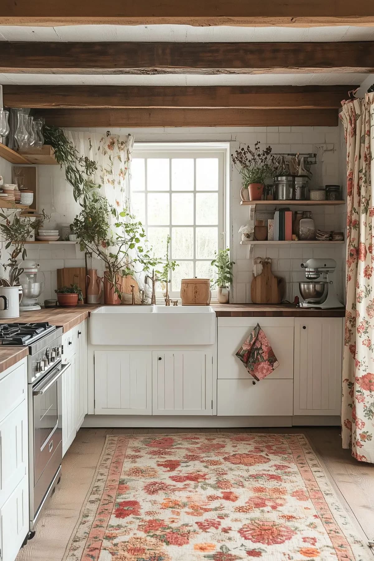 Cocina de estilo Cottagecore, con muros y muebles blancos, encimera de madera, repisas con plantas, frascos y loza vintage.