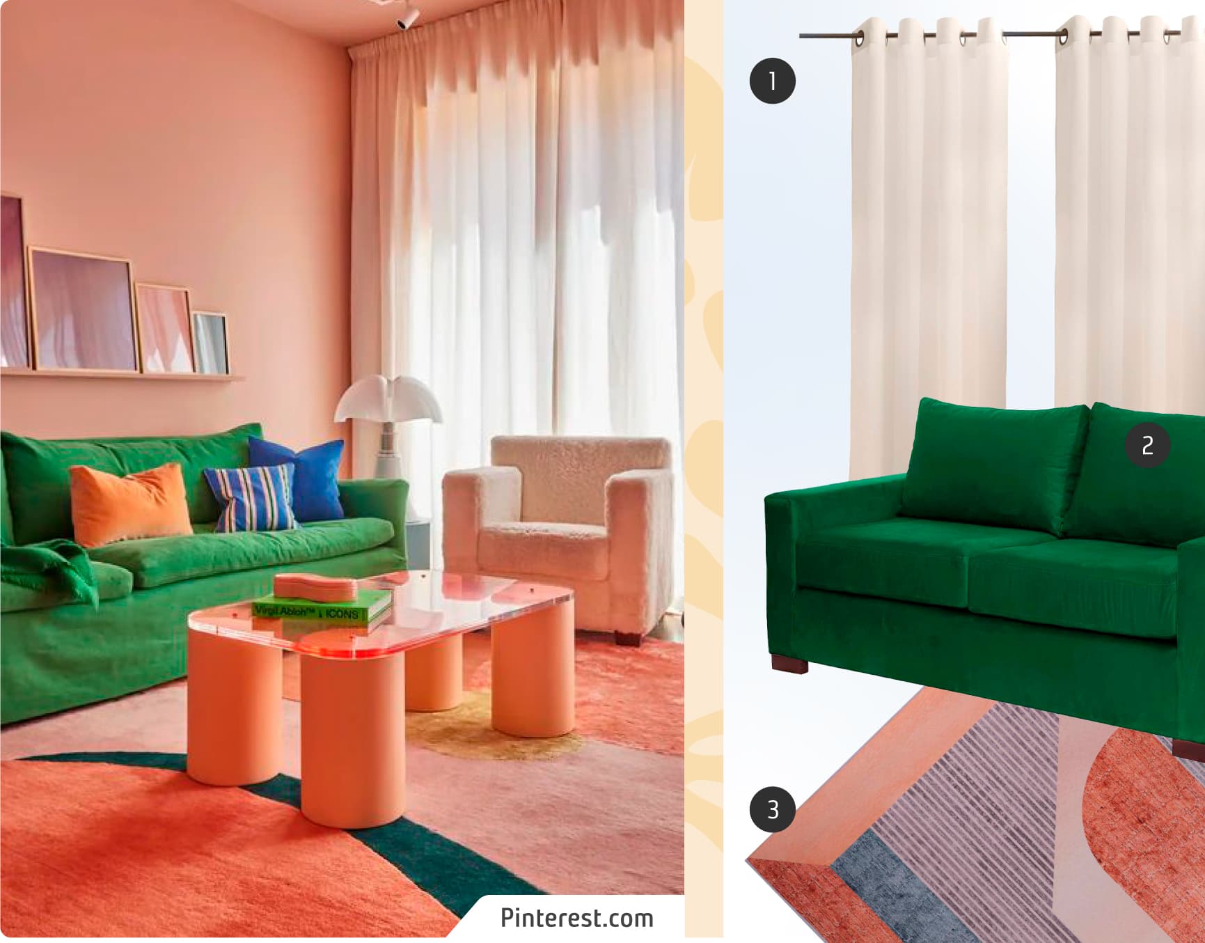 Moodboard de inspiración con una foto de living moderno, estilo dopamina, junto a 3 productos disponibles en Sodimac: sillón verde de tela velvet, alfombra de color salmón, rojo, azul y morado y cortina blanca