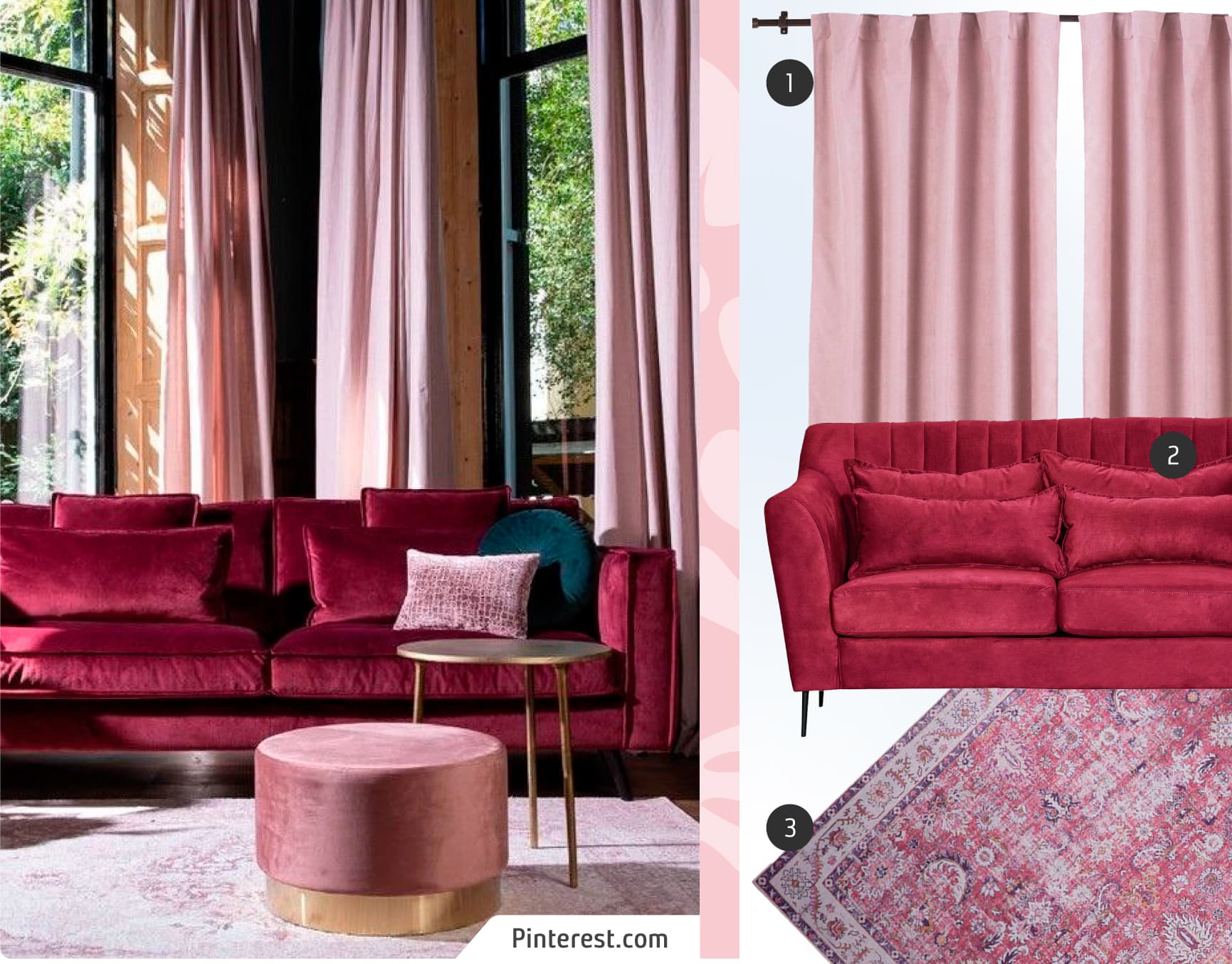 Moodboard de inspiración con una foto de living clásico en tonos rojo italiano y rosa, junto a 3 productos disponibles en Sodimac: Sillón rojo italiano de tela velvet, alfombra estilo kilim en colores rojos y cortinas de tela rosada