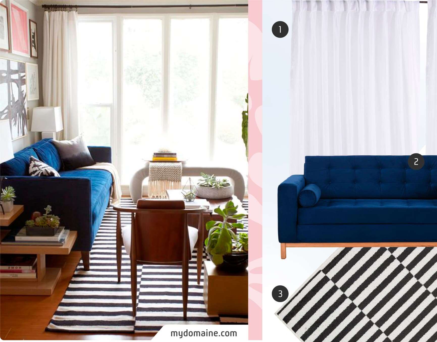 Moodboard de inspiración con una foto de living de estilo mid century, junto a 3 productos disponibles en Sodimac: sofá de tela azul marino con patas de madera, alfombra con líneas blancas y negras y cortina de tela blanca.