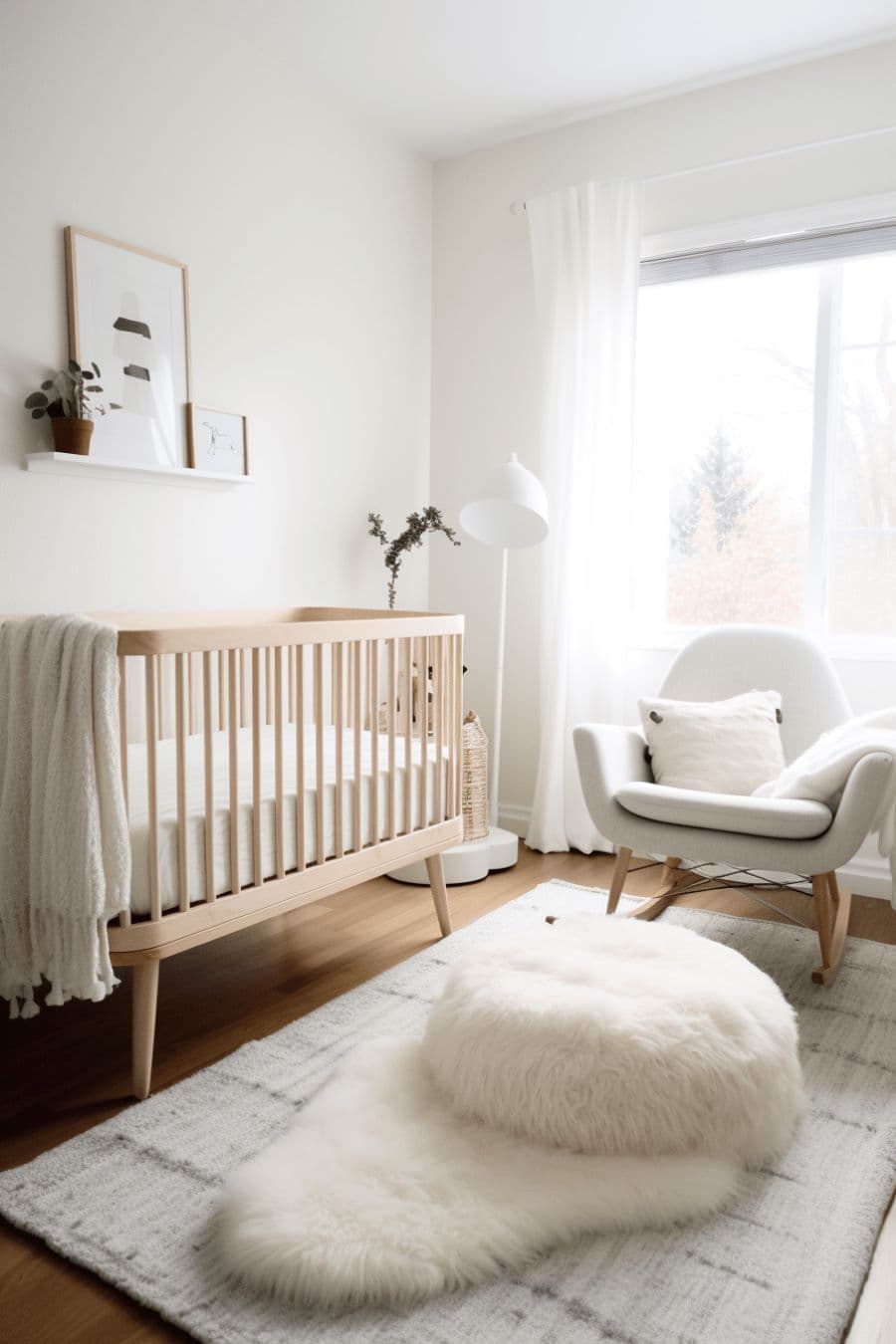 Habitación de bebé estilo nórdico. Cuna de madera natural con textiles blancos. Pouf peludo en el suelo y sitial color beige