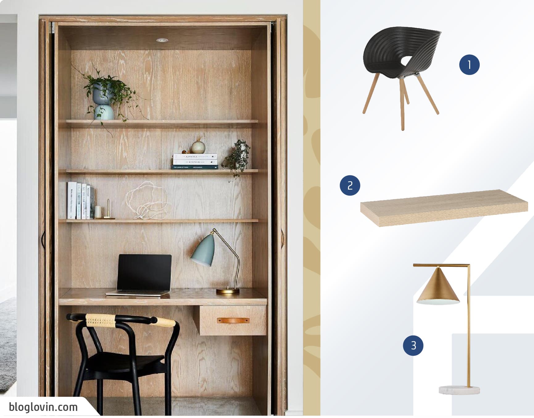 Moodboard de productos para un escritorio pequeño para dormitorio disponibles en Sodimac junto a una imagen de un escritorio dentro de un clóset.