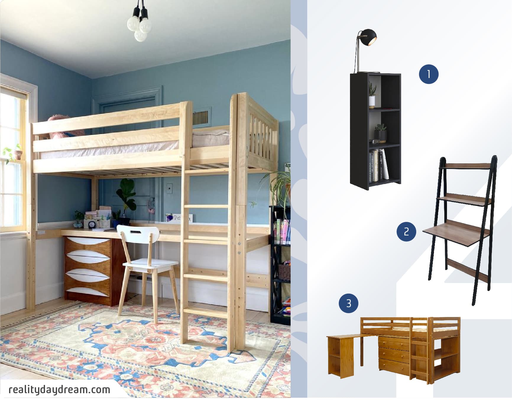 Moodboard de productos para un escritorio pequeño para dormitorio disponibles en Sodimac junto a una imagen de un dormitorio con un camarote de madera con un escritorio en el espacio inferior.