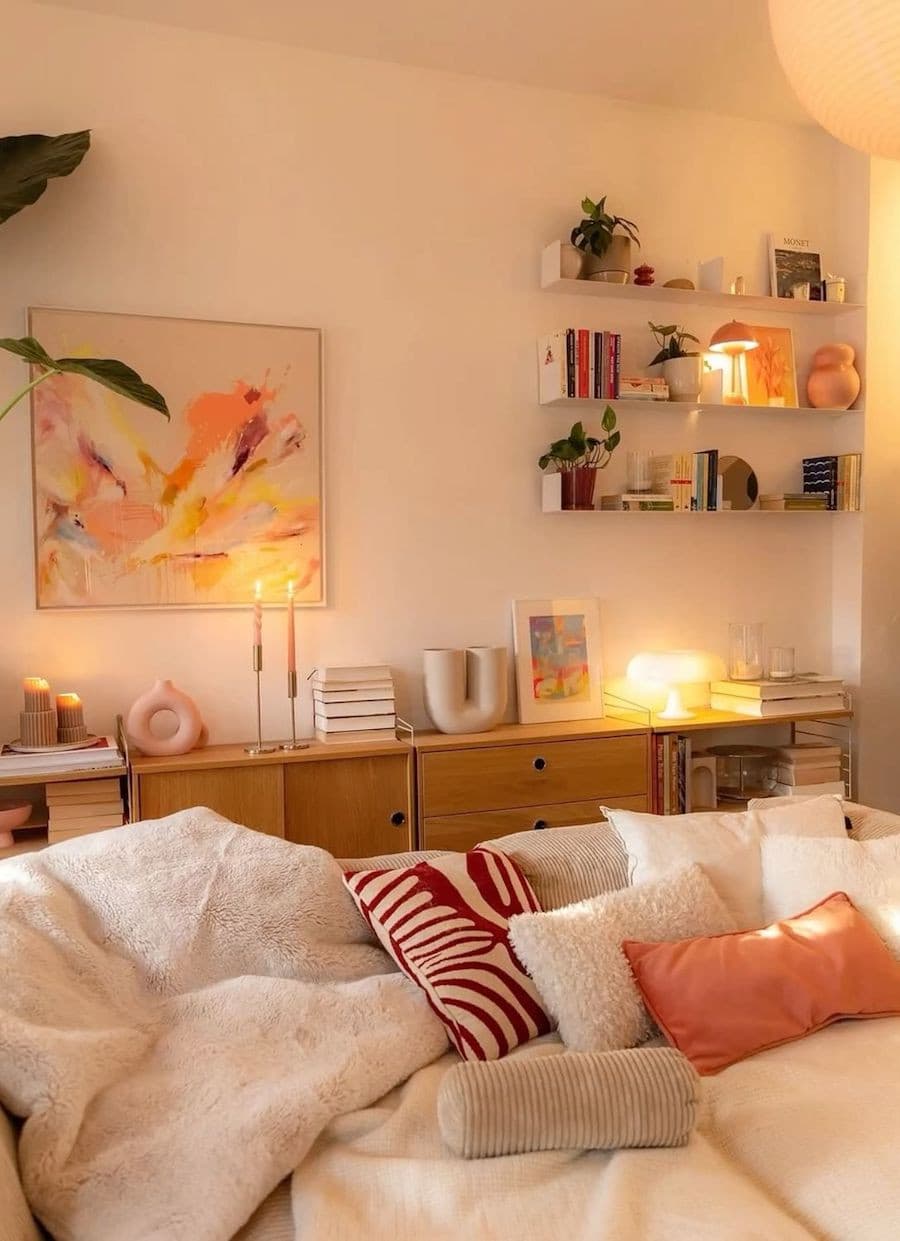 Sala de estar de paredes y sofá blanco con cojines blancos y rojizos sobre él. Hay fondo hay un buffet de madera con distintos adornos sobre él, desde jarrones hasta libros y velas. En el muro hay un cuadro de colores pastel.