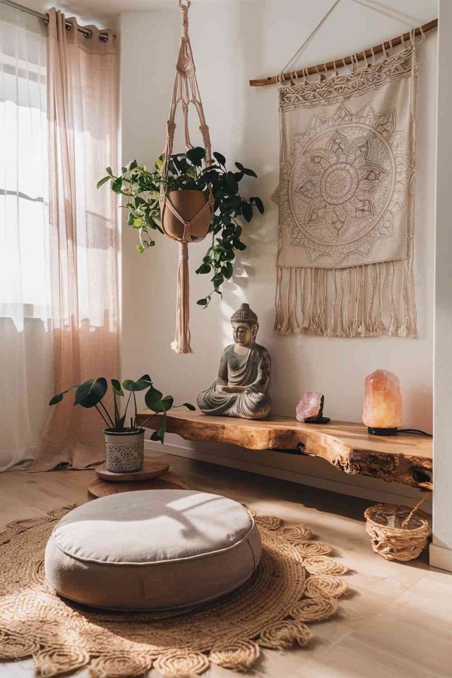 Espacio interior de meditación. Hay un cojín de piso, una banqueta flotante de madera y sobre ella una lámpara de sal, un cuarzo y una figura de Buda. Alrededor hay plantas y decoraciones que activan las buenas energías.