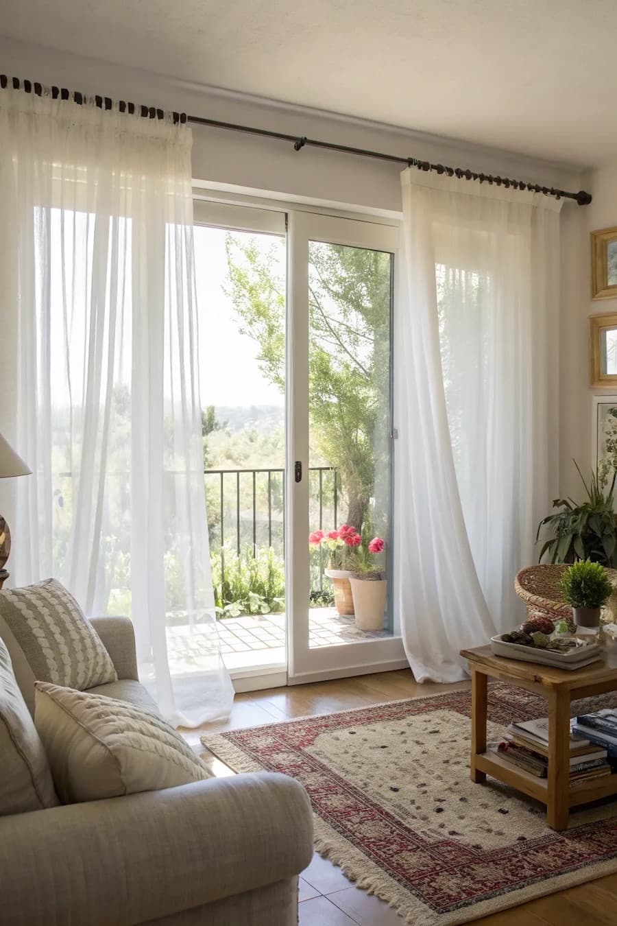 Living con un gran ventanal de marco blanco abierto. Tiene visillos blancos colgando de una barra negra. Están semi-abiertos y dejan entrar el viento y luz natural.